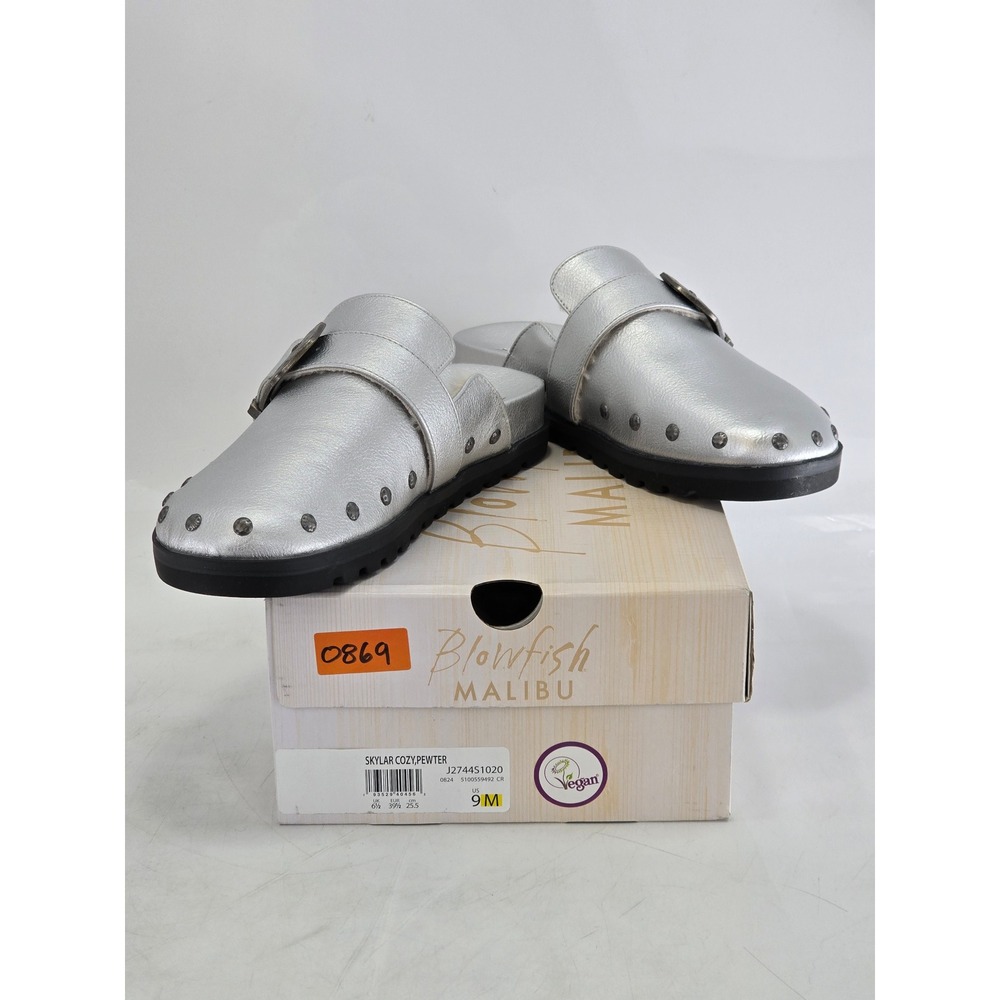 Blowfish Malibu Skylar Cozy Mules Womens Size 9 Pewter Silver Faux Fur - New